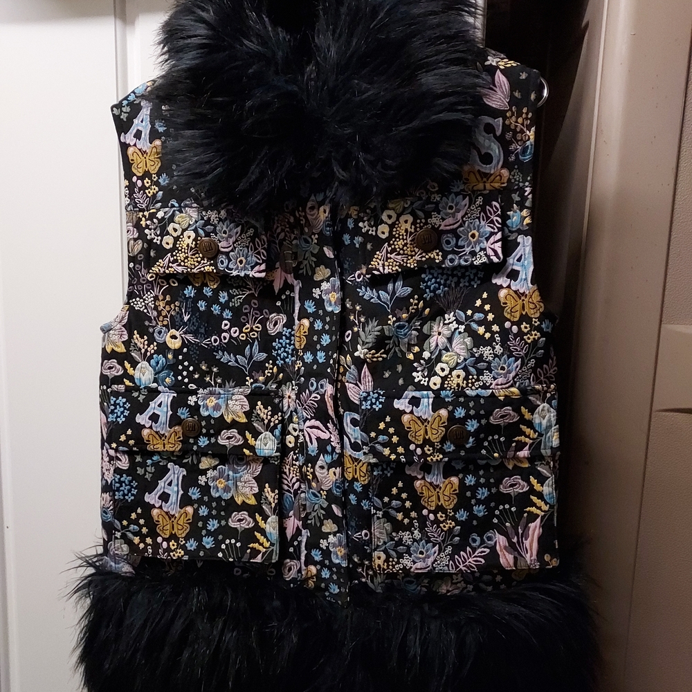 Anna Sui Tapestry Faux Fur Trim Vest